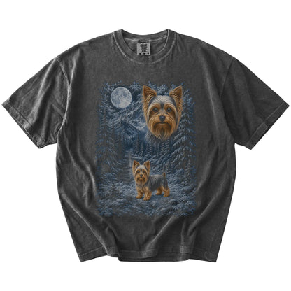 Yorkie in a snowy winter forest on a Pepper t-shirt