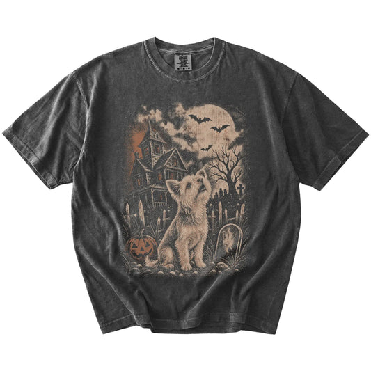 Yorkie in a vintage haunted-house scene on a Pepper Comfort Colors® T-shirt