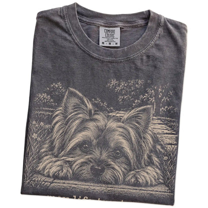 Yorkie Karma Comfort Colors T-shirt in Pepper — Folded Detail
