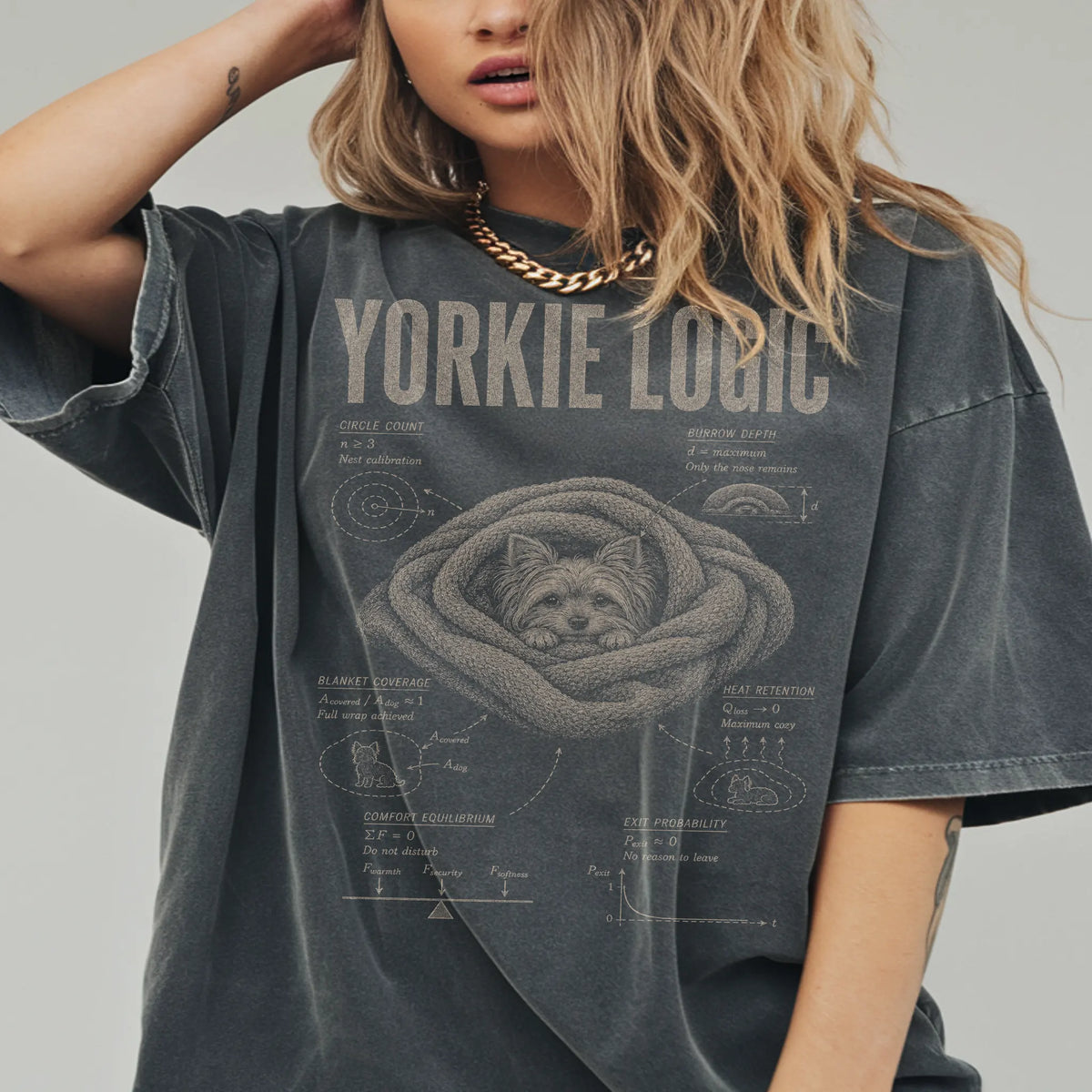Woman wearing a Pepper Yorkie Logic T-Shirt