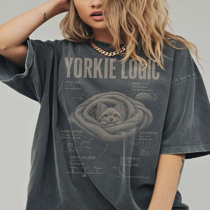 Woman wearing a Pepper Yorkie Logic T-Shirt