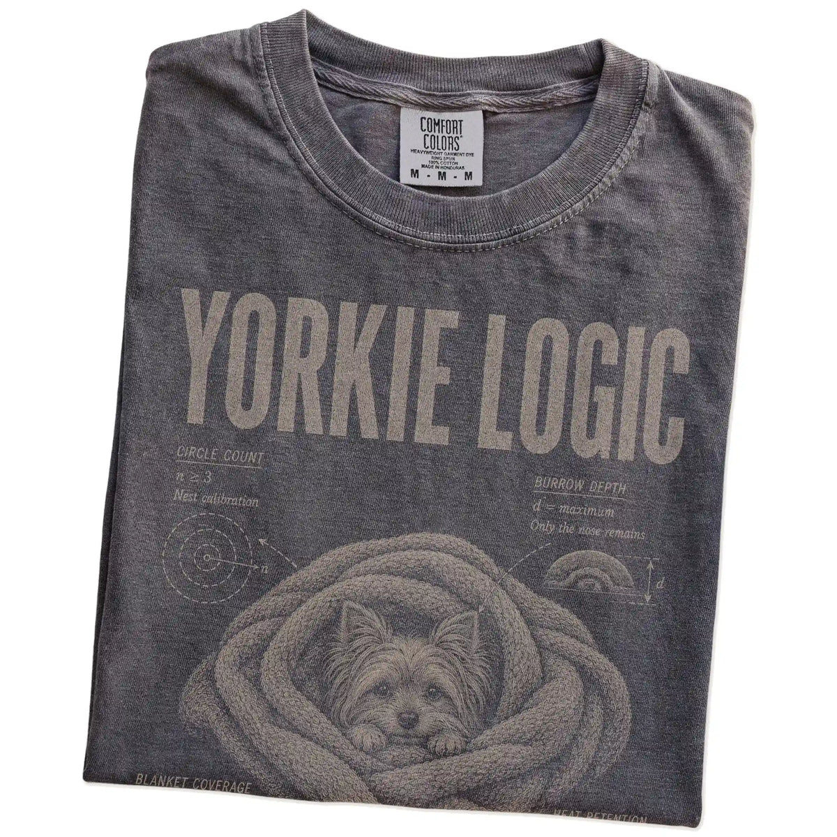 Folded Pepper Yorkie Logic T-Shirt showing the graphic