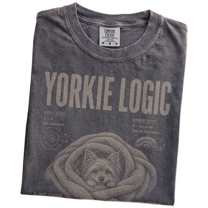 Folded Pepper Yorkie Logic T-Shirt showing the graphic