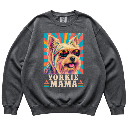 Retro Yorkie Mama design on a Pepper Comfort Colors sweatshirt