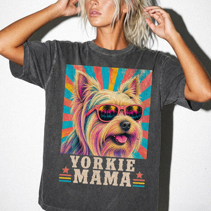 Retro Yorkie Mama design on a Pepper Comfort Colors T-shirt worn by a model