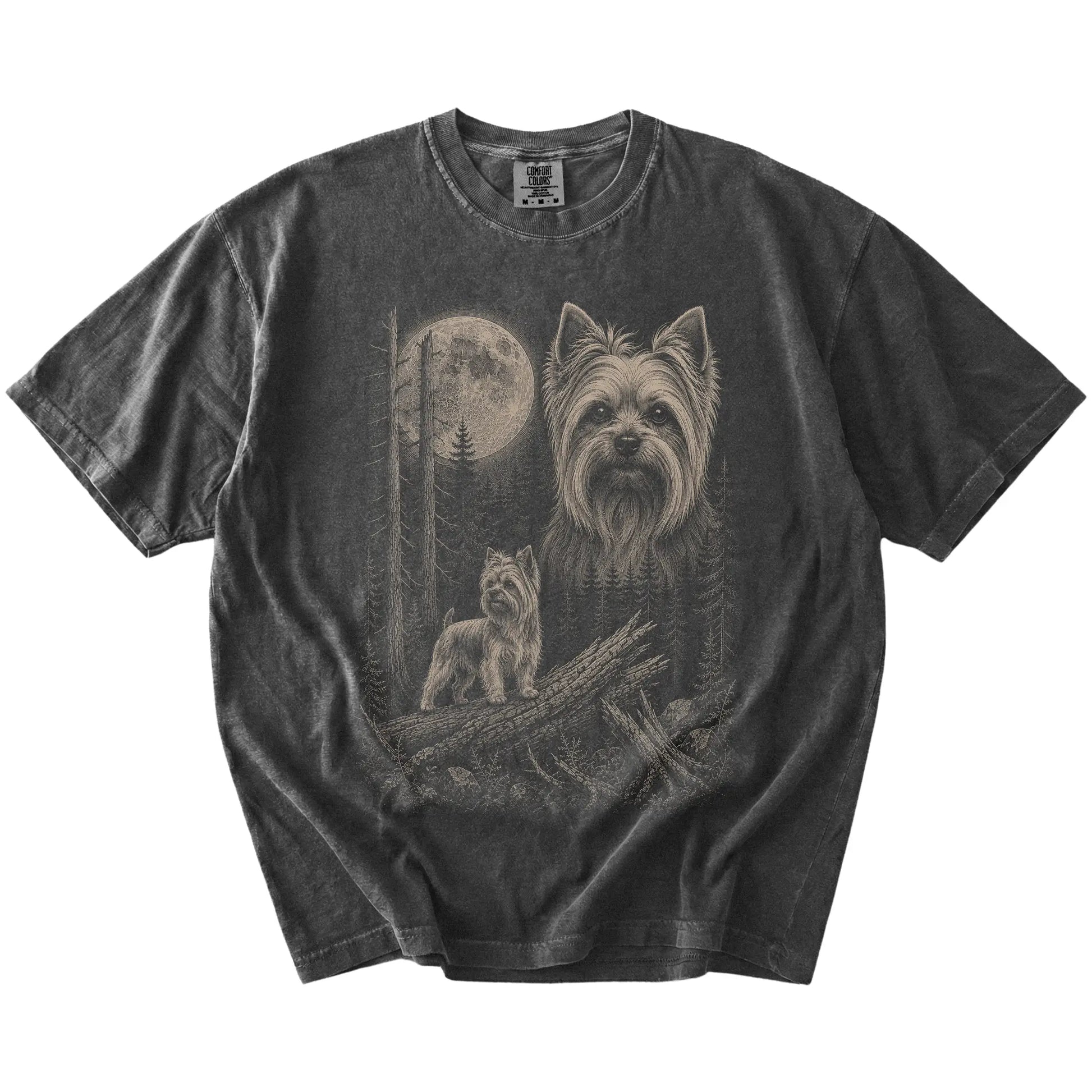 Pepper Yorkie Moonlit Forest T-Shirt laid flat