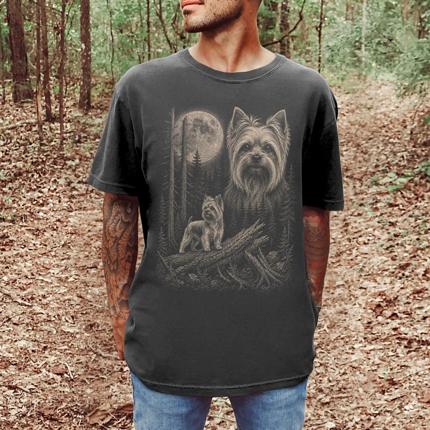 Man wearing a Pepper Yorkie Moonlit Forest T-Shirt