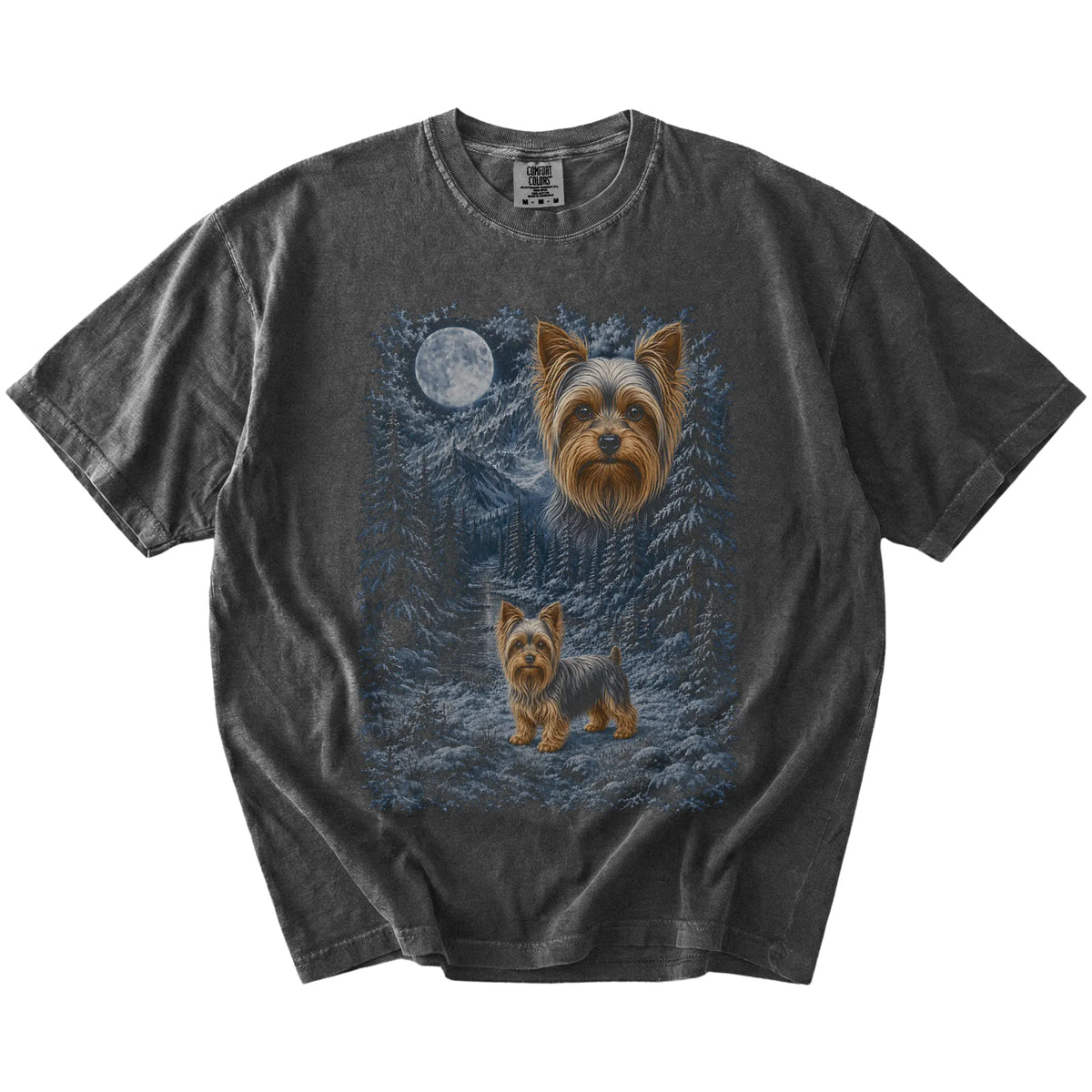 pepper T-shirt with Yorkie Winter Moon artwork.