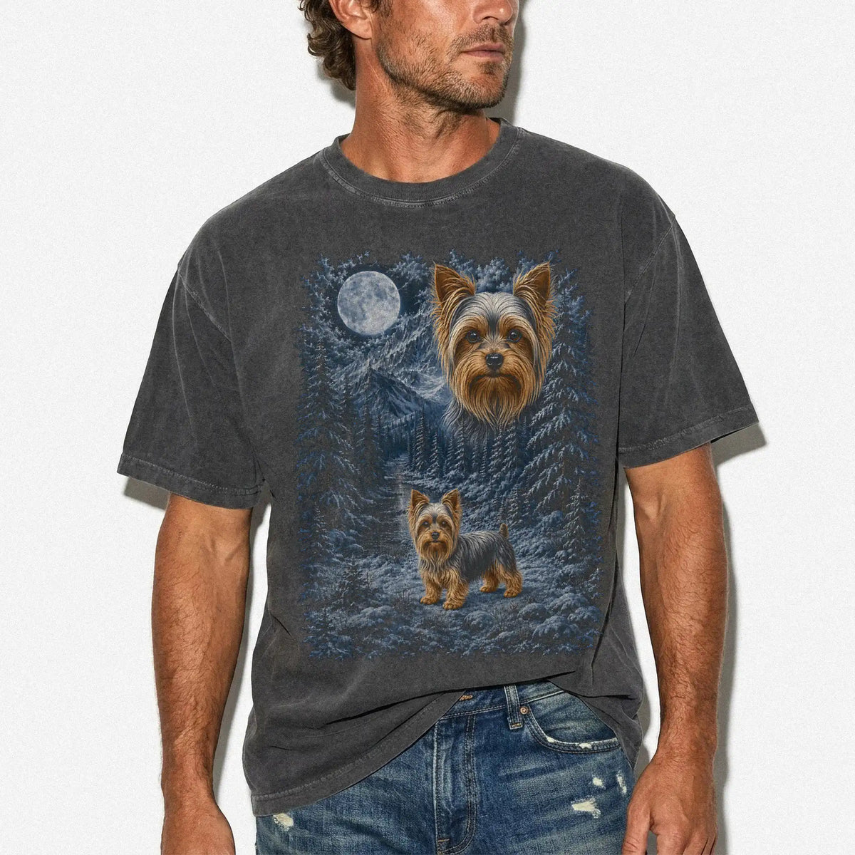 Model wearing a pepper T-shirt with Yorkie Winter Moon artwork.