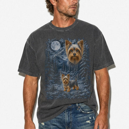 Model wearing a pepper T-shirt with Yorkie Winter Moon artwork.