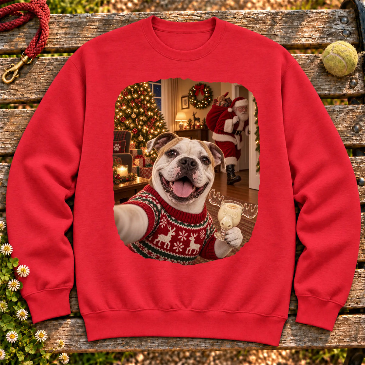 American Bulldog Eggnog Selfie design on a Red Gildan® sweatshirt