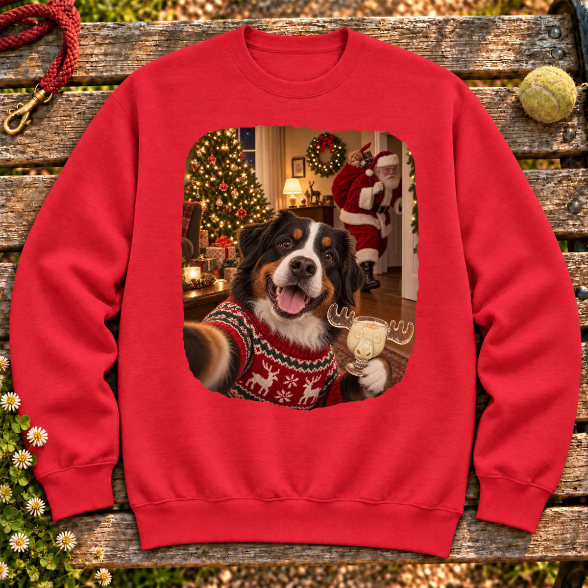 Bernese Mountain Dog Eggnog Selfie design on a Red Gildan® sweatshirt