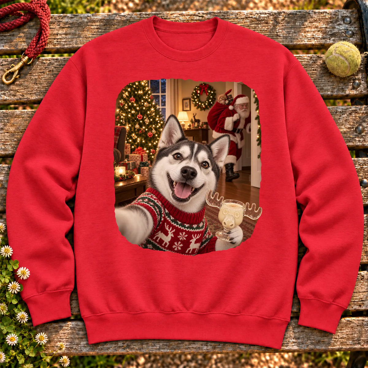 Husky Eggnog Selfie design on a Red Gildan® sweatshirt