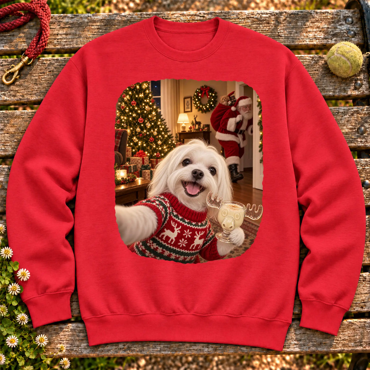 Maltese Eggnog Selfie design on a Red Gildan® sweatshirt