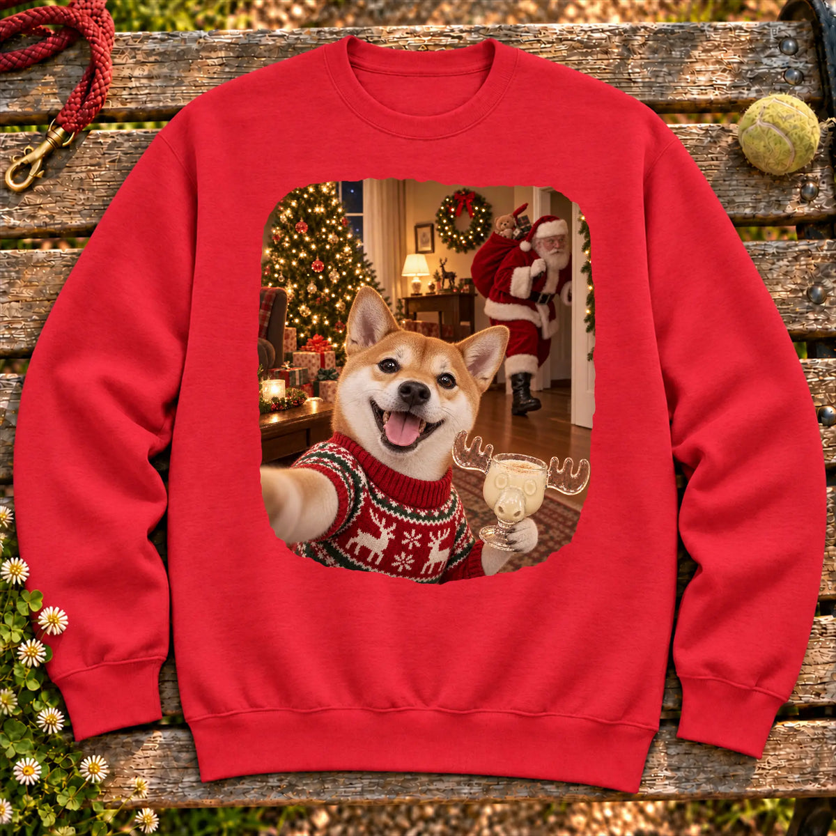 Shiba Inu Eggnog Selfie design on a Red Gildan® sweatshirt