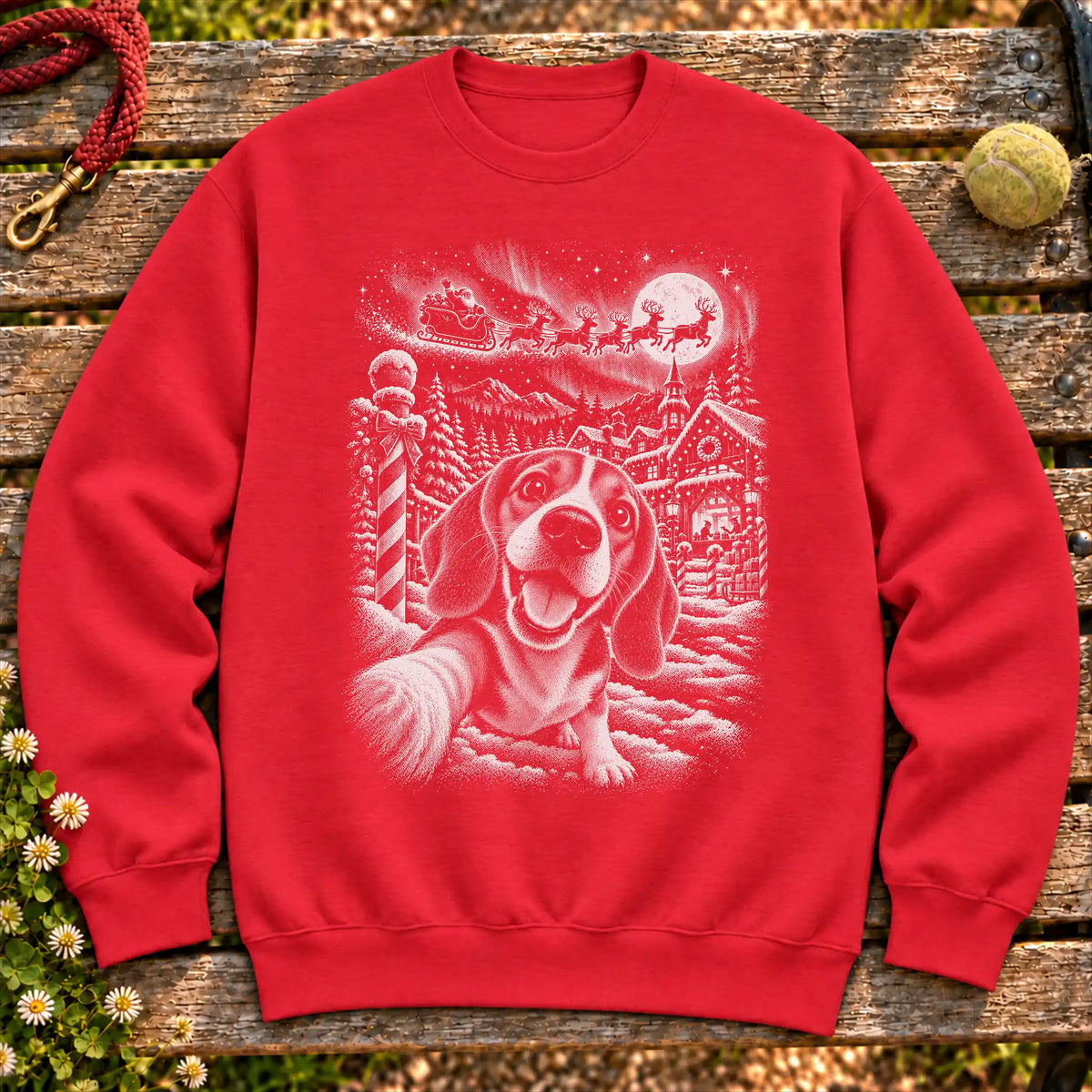 Beagle Santa Selfie design on a Red crewneck sweatshirt