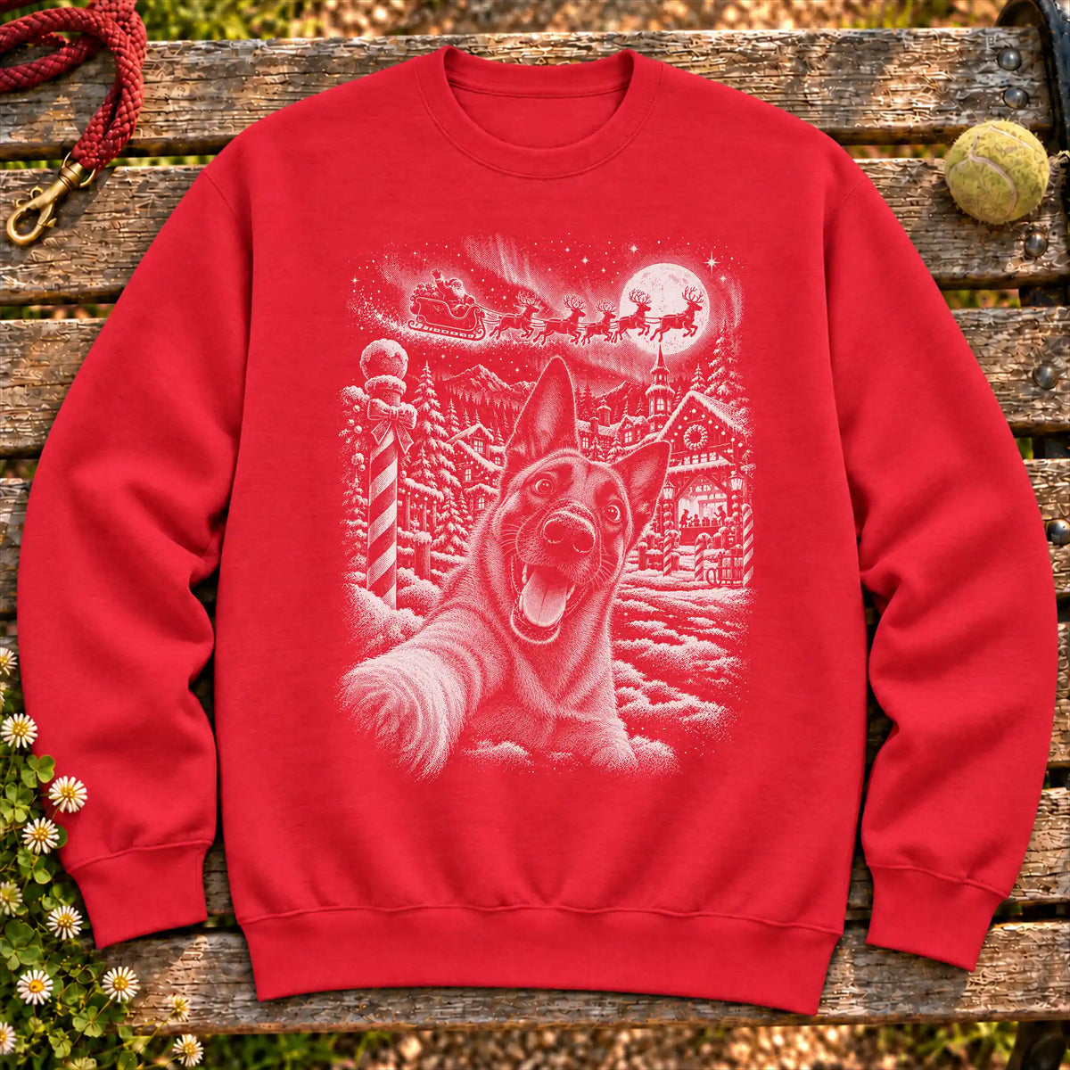 Belgian Malinois Santa Selfie design on a Red crewneck sweatshirt