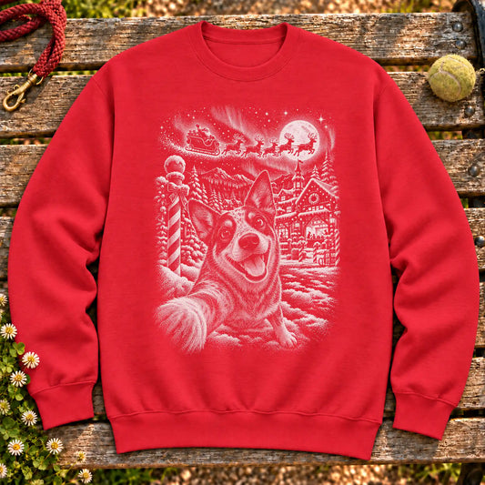 Blue Heeler Santa Selfie design on a Red crewneck sweatshirt