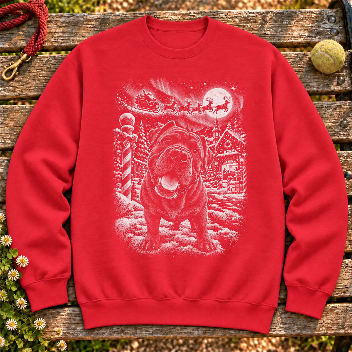 Cane Corso Santa Selfie design on a Red crewneck sweatshirt