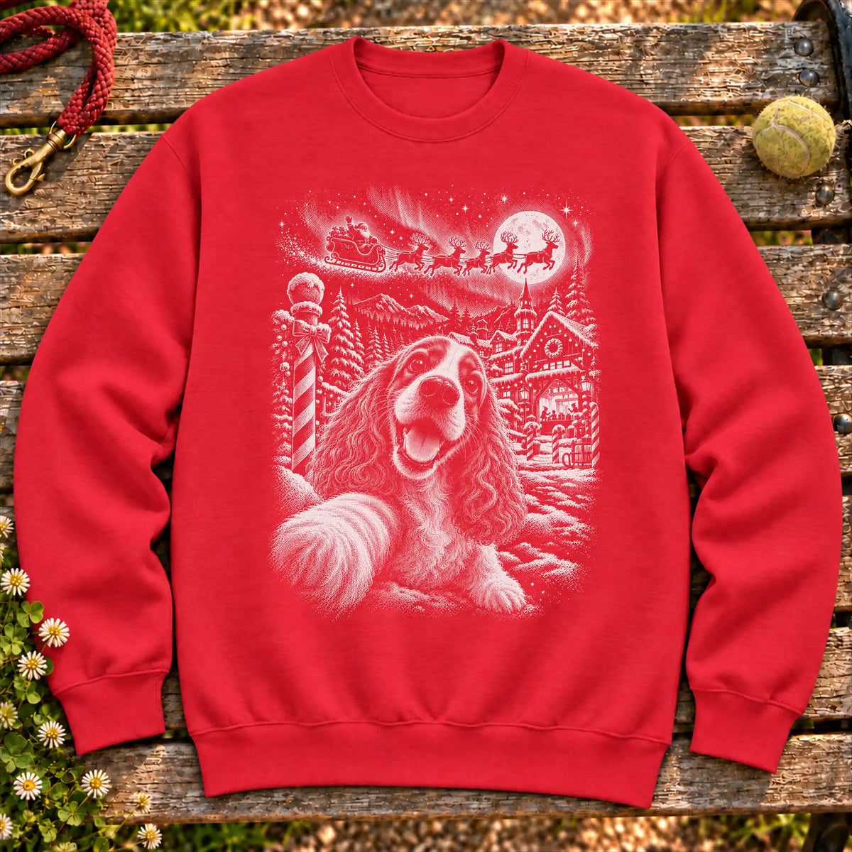 Cocker Spaniel Santa Selfie design on a Red crewneck sweatshirt