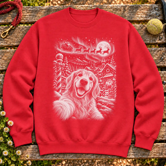 Golden Retriever Santa Selfie design on a Red crewneck sweatshirt