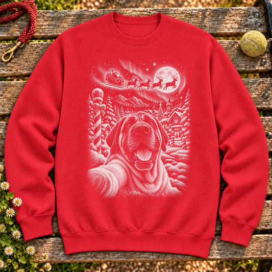 Mastiff Santa Selfie design on a Red crewneck sweatshirt