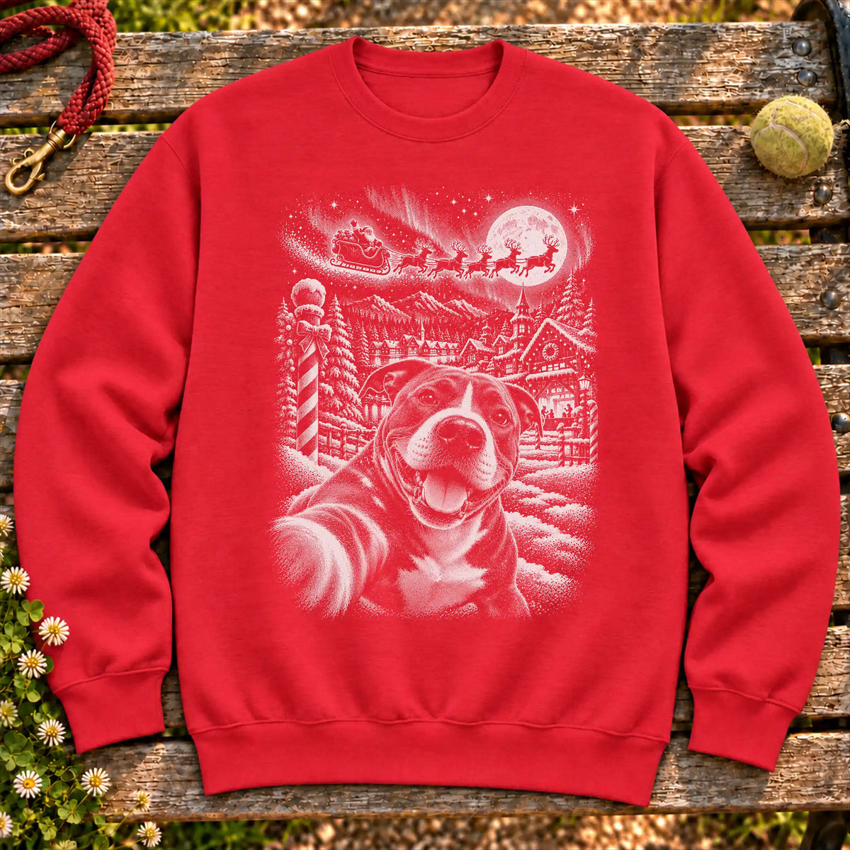 Pitbull Santa Selfie design on a Red crewneck sweatshirt