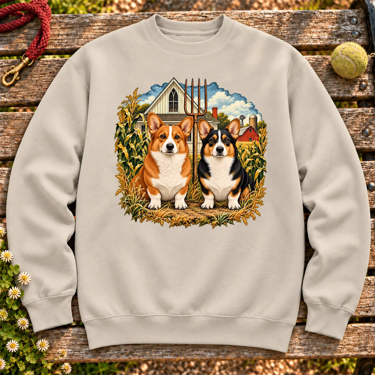 American Dogthic Corgi farmhouse design on a Sand Gildan® Heavy Blend sweatshirt
