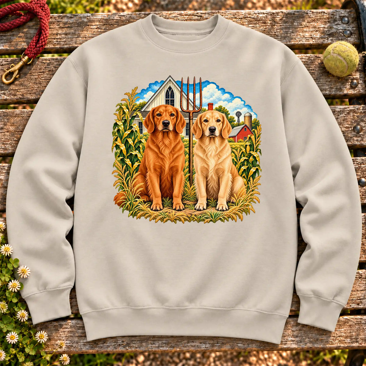 American Dogthic Golden Retriever farmhouse design on a Sand Gildan® Heavy Blend sweatshirt