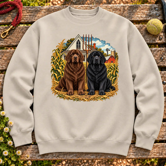 American Dogthic Newfie farmhouse design on a Sand Gildan® Heavy Blend sweatshirt