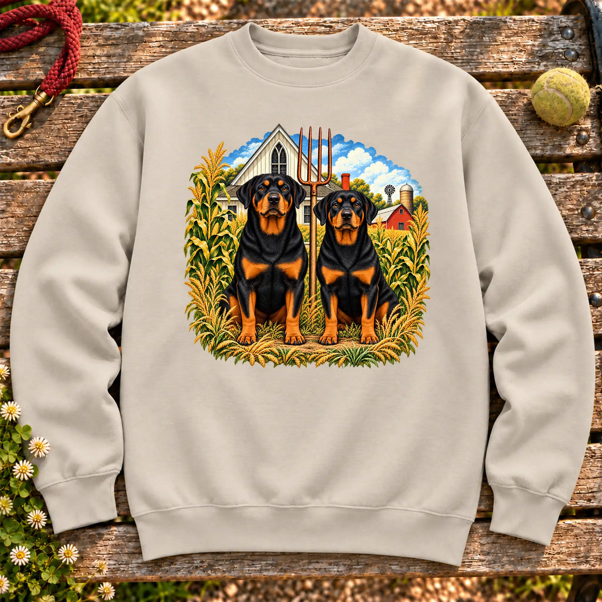 American Dogthic Rottweiler farmhouse design on a Sand Gildan® Heavy Blend sweatshirt