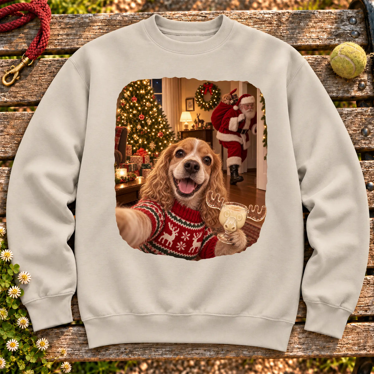 Cocker Spaniel Eggnog Selfie design on a Sand Gildan® sweatshirt