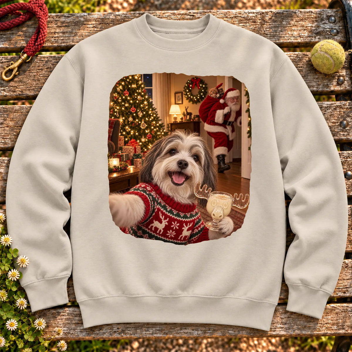 Havanese Eggnog Selfie design on a Sand Gildan® sweatshirt