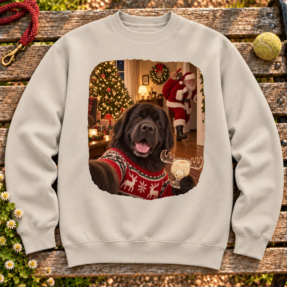 Newfie Eggnog Selfie design on a Sand Gildan® sweatshirt
