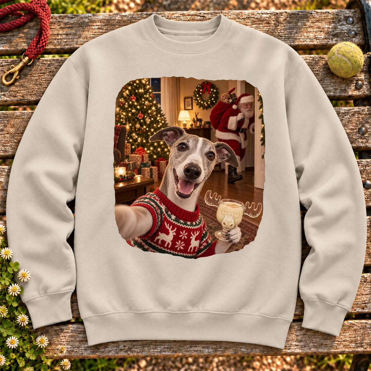 Whippet Eggnog Selfie design on a Sand Gildan® sweatshirt