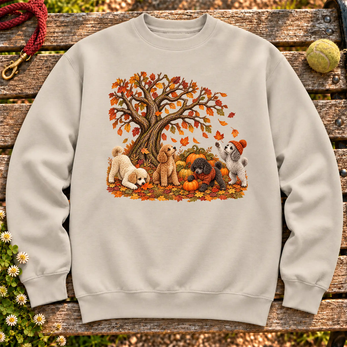 Four Poodle puppies with pumpkins beneath an autumn tree on a Sand crewneck sweatshirt