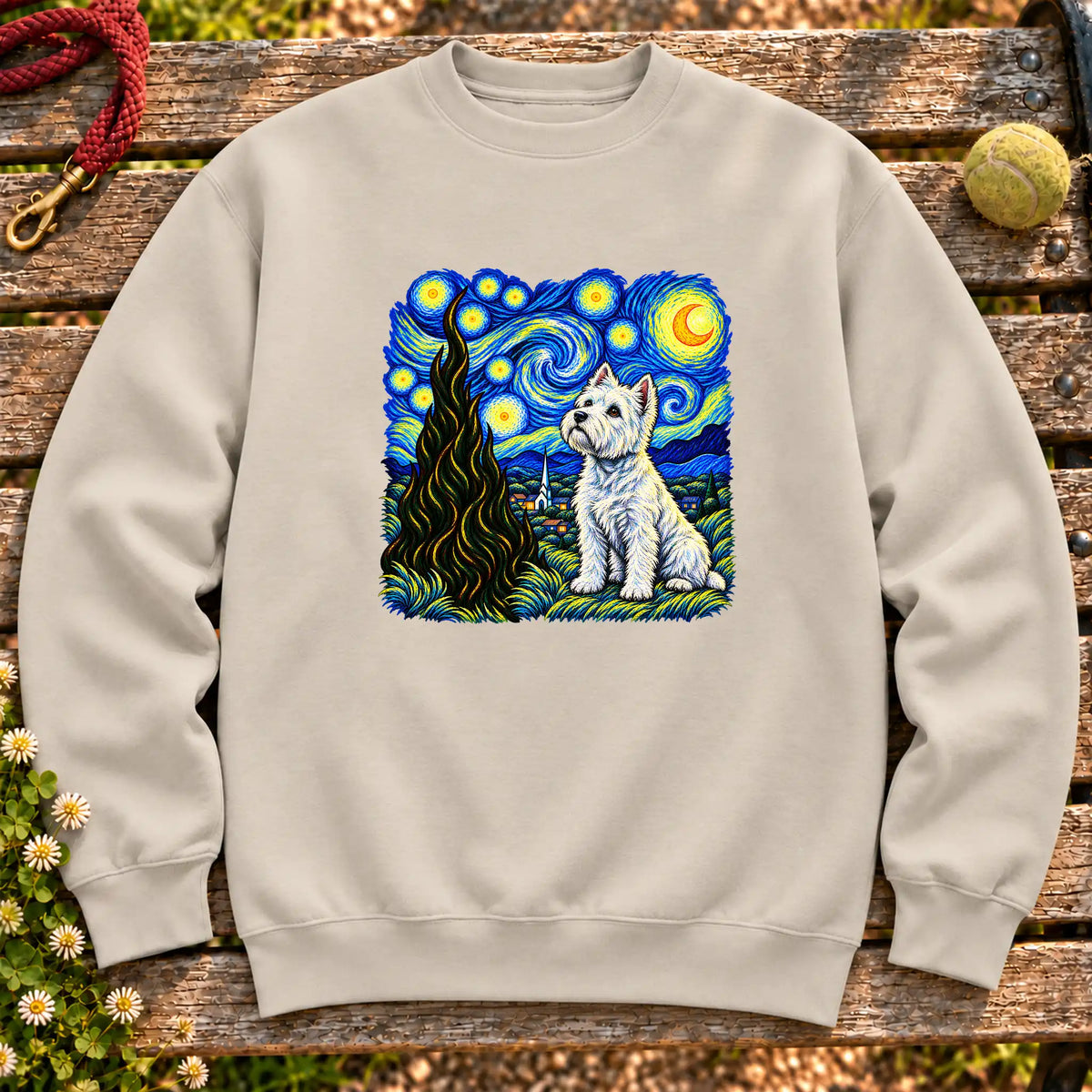 Colorful Westie beneath a swirling starry night sky on a Sand sweatshirt