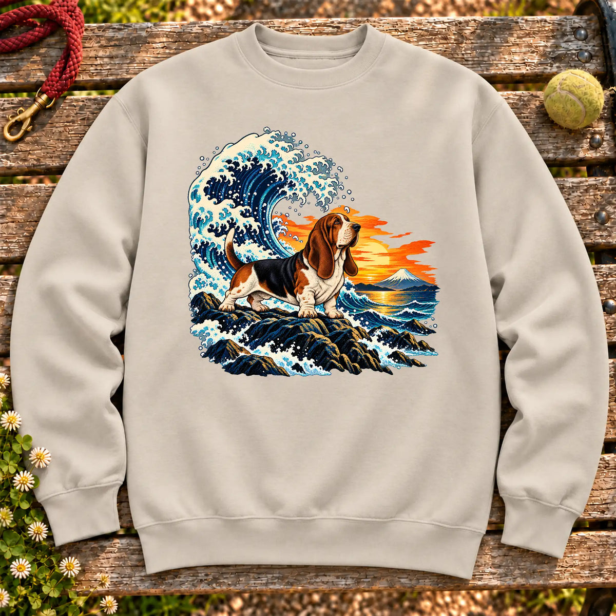 Basset Hound dog with ocean waves, sunset and Mount Fuji on a Sand Gildan crewneck sweatshirt