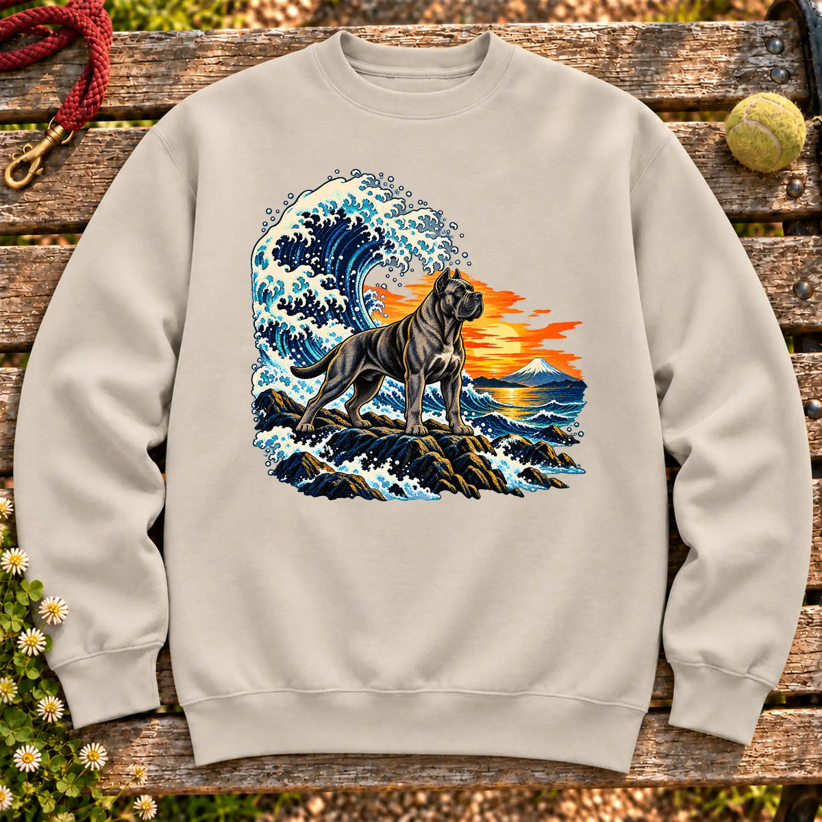 Cane Corso dog with ocean waves, sunset and Mount Fuji on a Sand Gildan crewneck sweatshirt