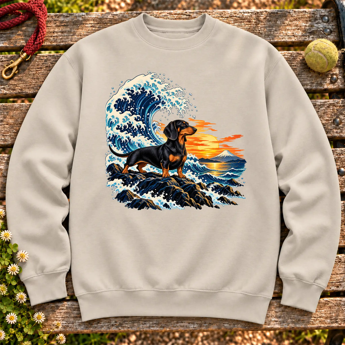 Dachshund dog with ocean waves, sunset and Mount Fuji on a Sand Gildan crewneck sweatshirt