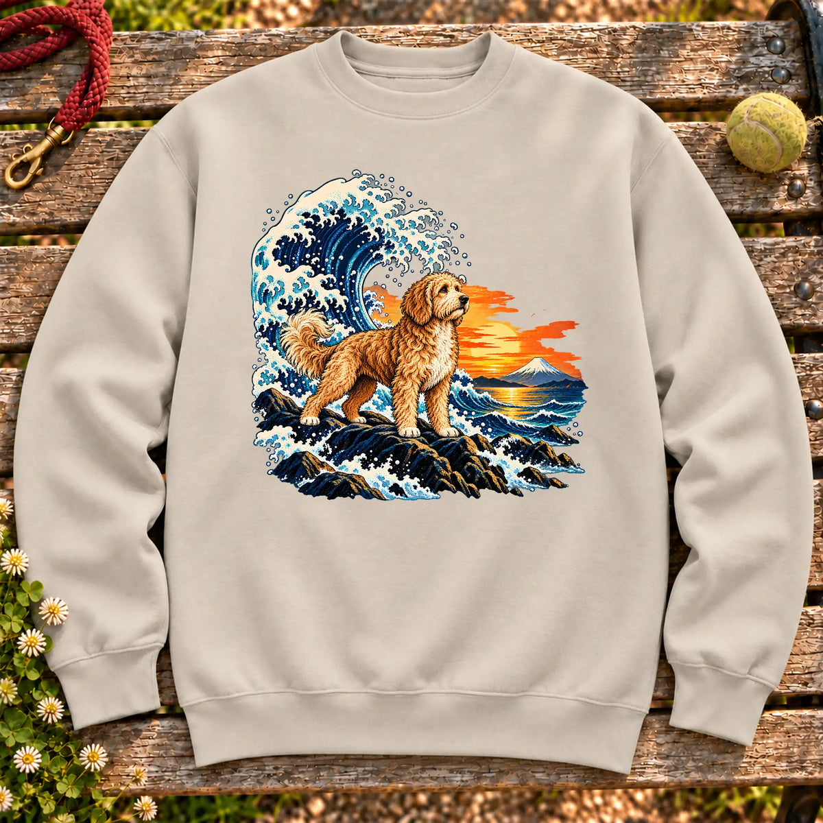 Goldendoodle dog with ocean waves, sunset and Mount Fuji on a Sand Gildan crewneck sweatshirt
