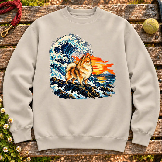 Pomeranian dog with ocean waves, sunset and Mount Fuji on a Sand Gildan crewneck sweatshirt