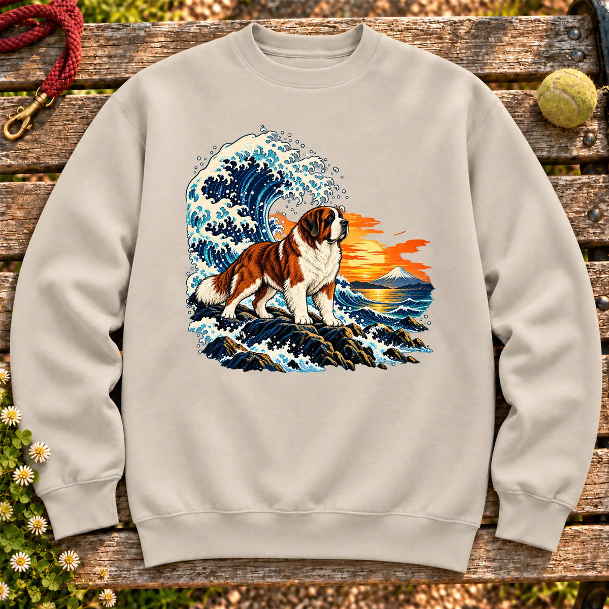 Saint Bernard dog with ocean waves, sunset and Mount Fuji on a Sand Gildan crewneck sweatshirt