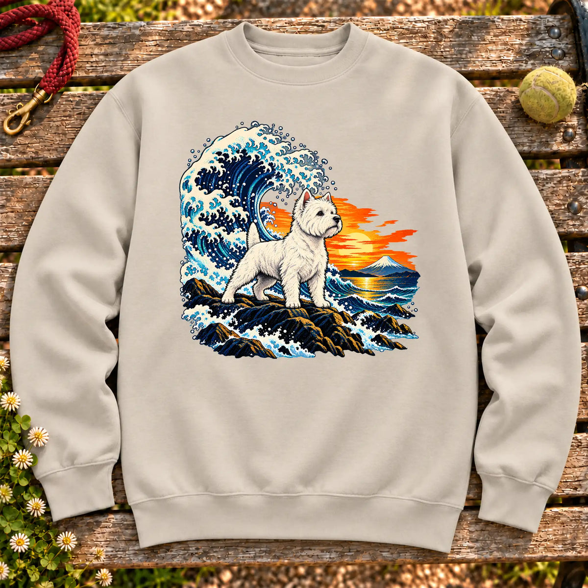 Westie dog with ocean waves, sunset and Mount Fuji on a Sand Gildan crewneck sweatshirt