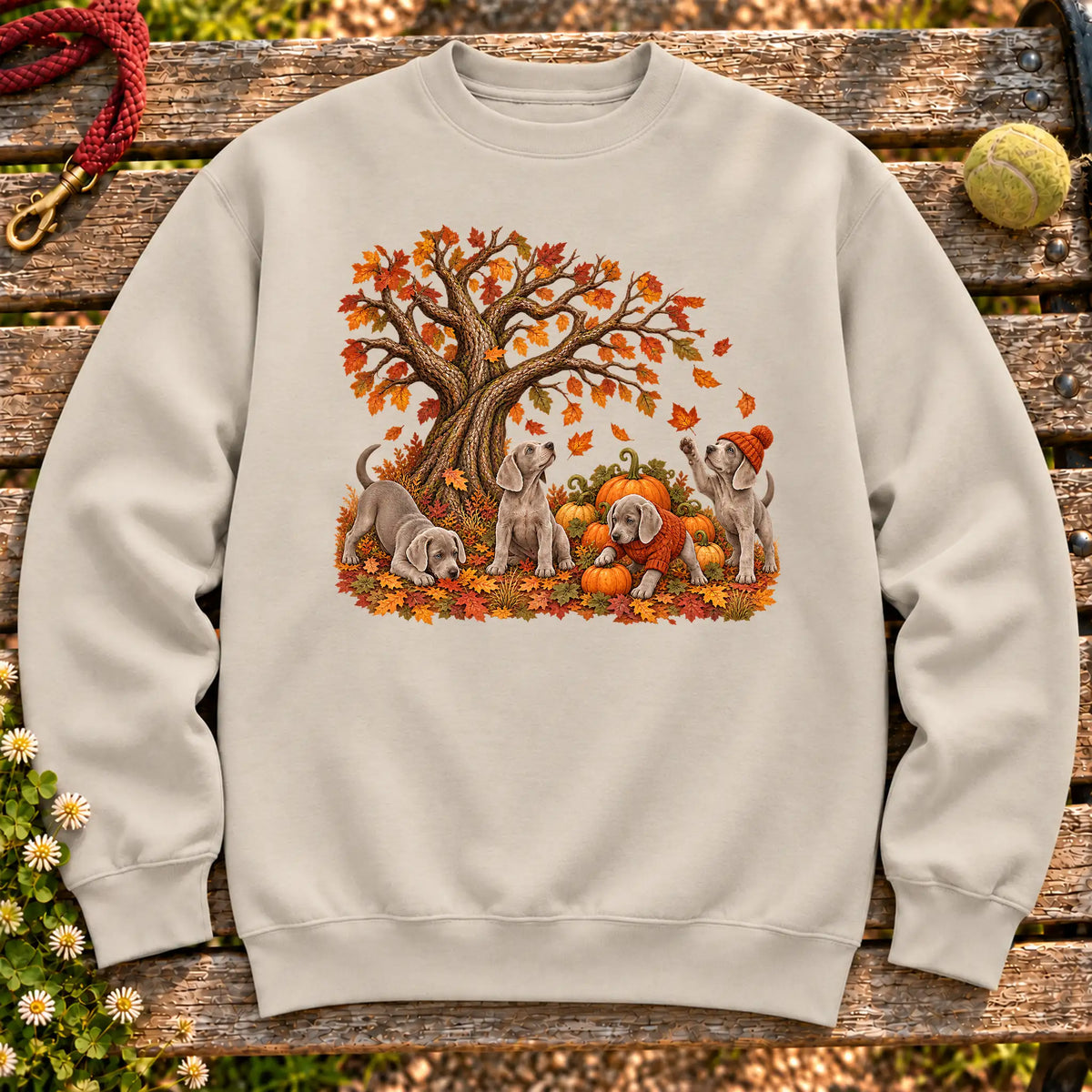 Four Weimaraner puppies with pumpkins beneath an autumn tree on a Sand crewneck sweatshirt