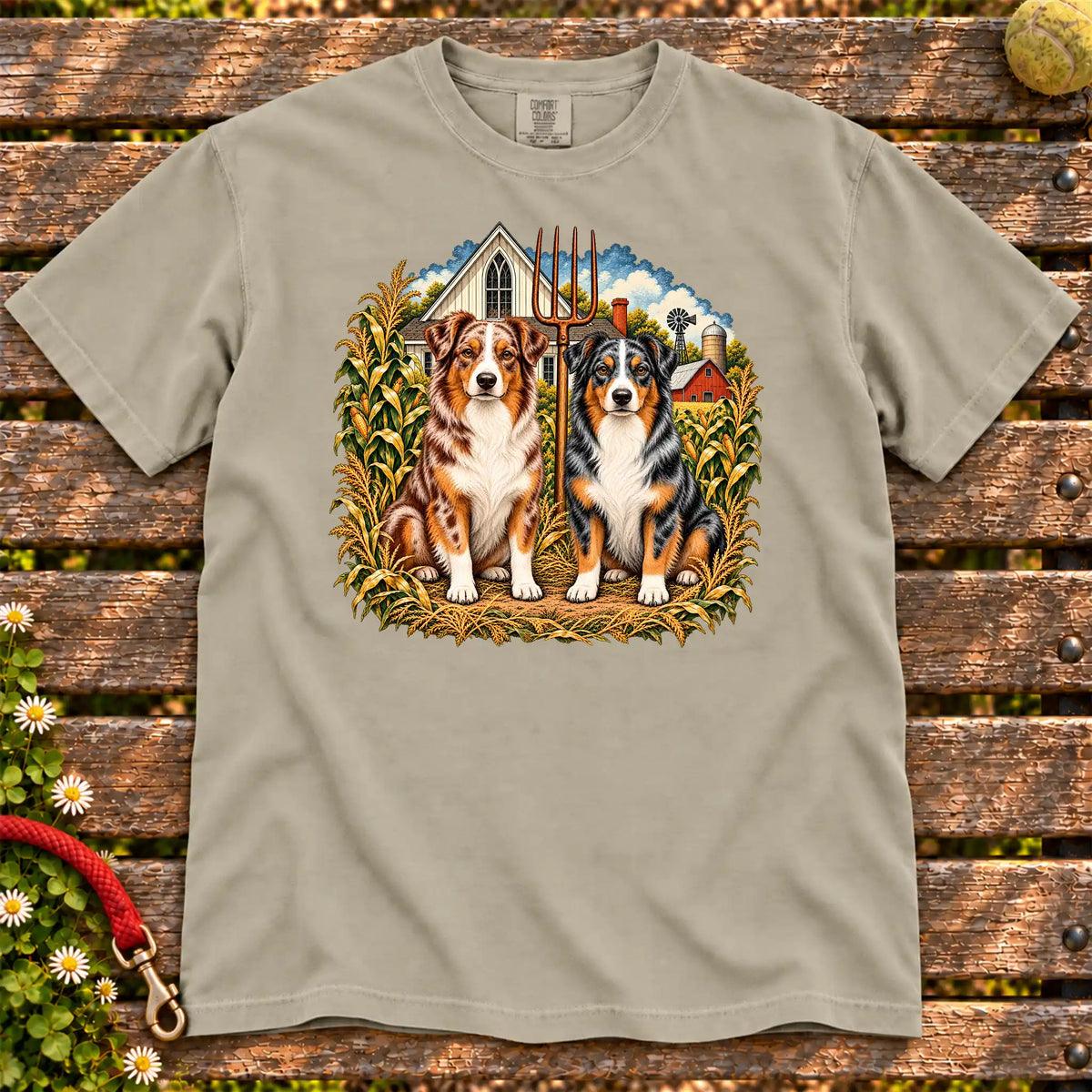 American Dogthic Australian Shepherd farmhouse design on a Sandstone Comfort Colors® T-shirt