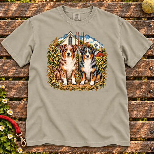 American Dogthic Australian Shepherd farmhouse design on a Sandstone Comfort Colors® T-shirt