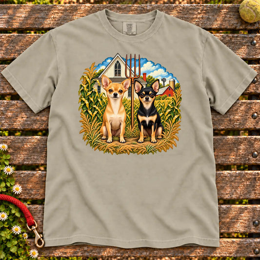 American Dogthic Chihuahua farmhouse design on a Sandstone Comfort Colors® T-shirt