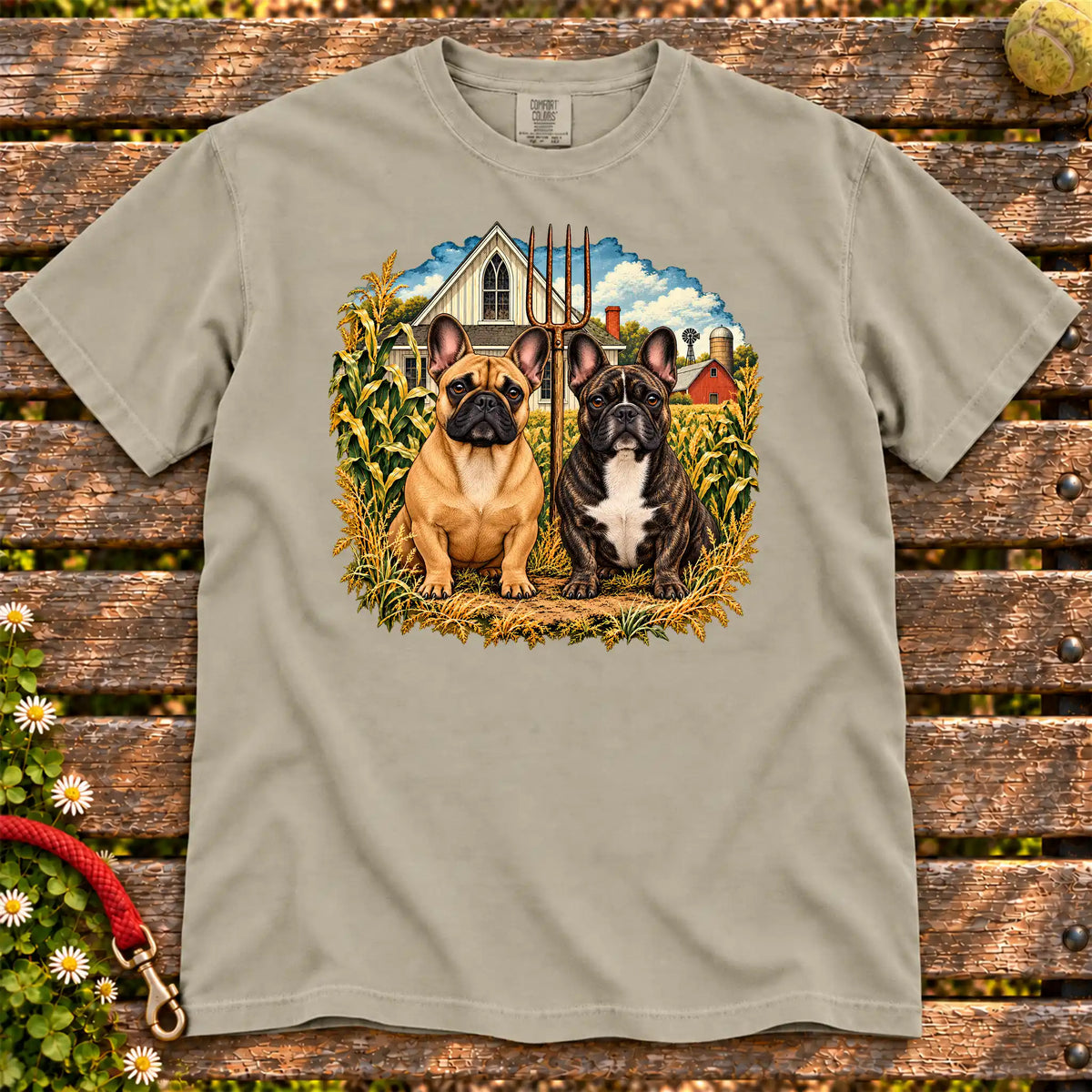 American Dogthic French Bulldog farmhouse design on a Sandstone Comfort Colors® T-shirt