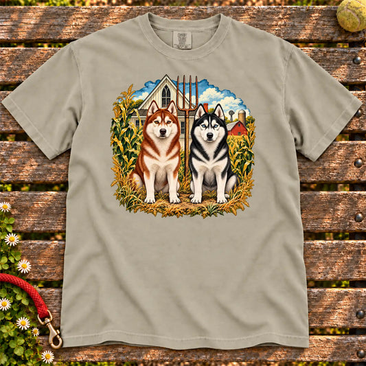 American Dogthic Husky farmhouse design on a Sandstone Comfort Colors® T-shirt